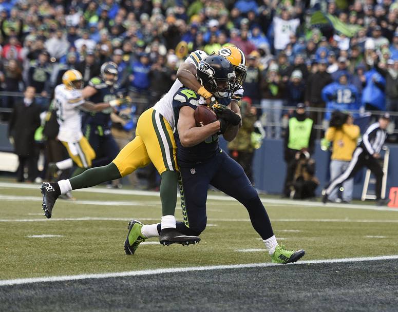  I Seahawks hanno sconfitto in casa i Green Bay Packers 28-22 ai tempi supplementari. Decisivo il touchdown di Jermaine Kearse (nella foto) su passaggio da 35 yard del quarterback Russell Wilson.(Action Images)